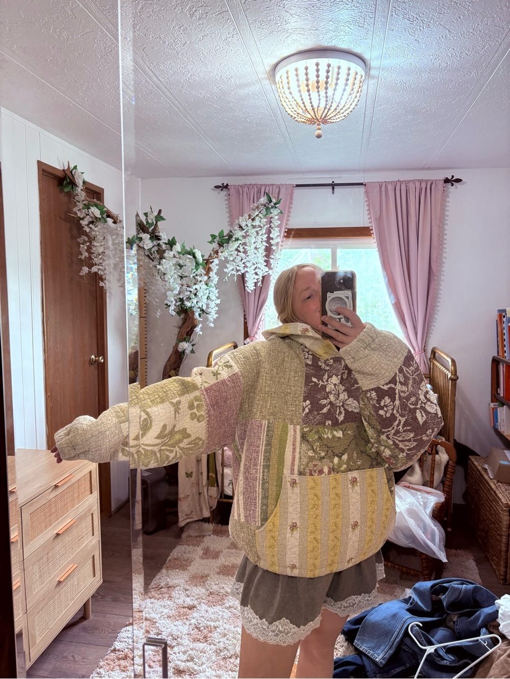 Patchwork Quilted Handmade Oversized Floral Hooded Pullover in Sage & Mauve - Picture 5 of 5